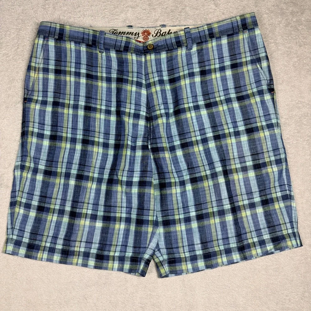 Tommy Bahama Plaid Shorts Mens 42 Blue Green Linen Blend Casual‎ Summer Beach